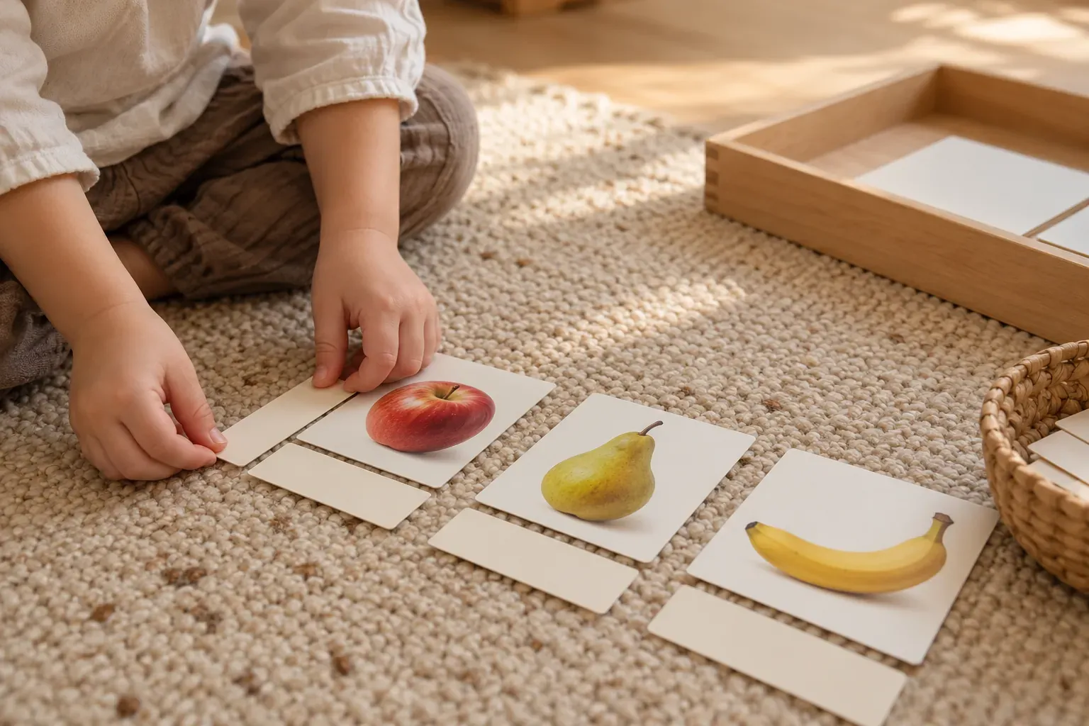 Main d'enfant posant des cartes de nomenclature Montessori illustrées de fruits sur un tapis