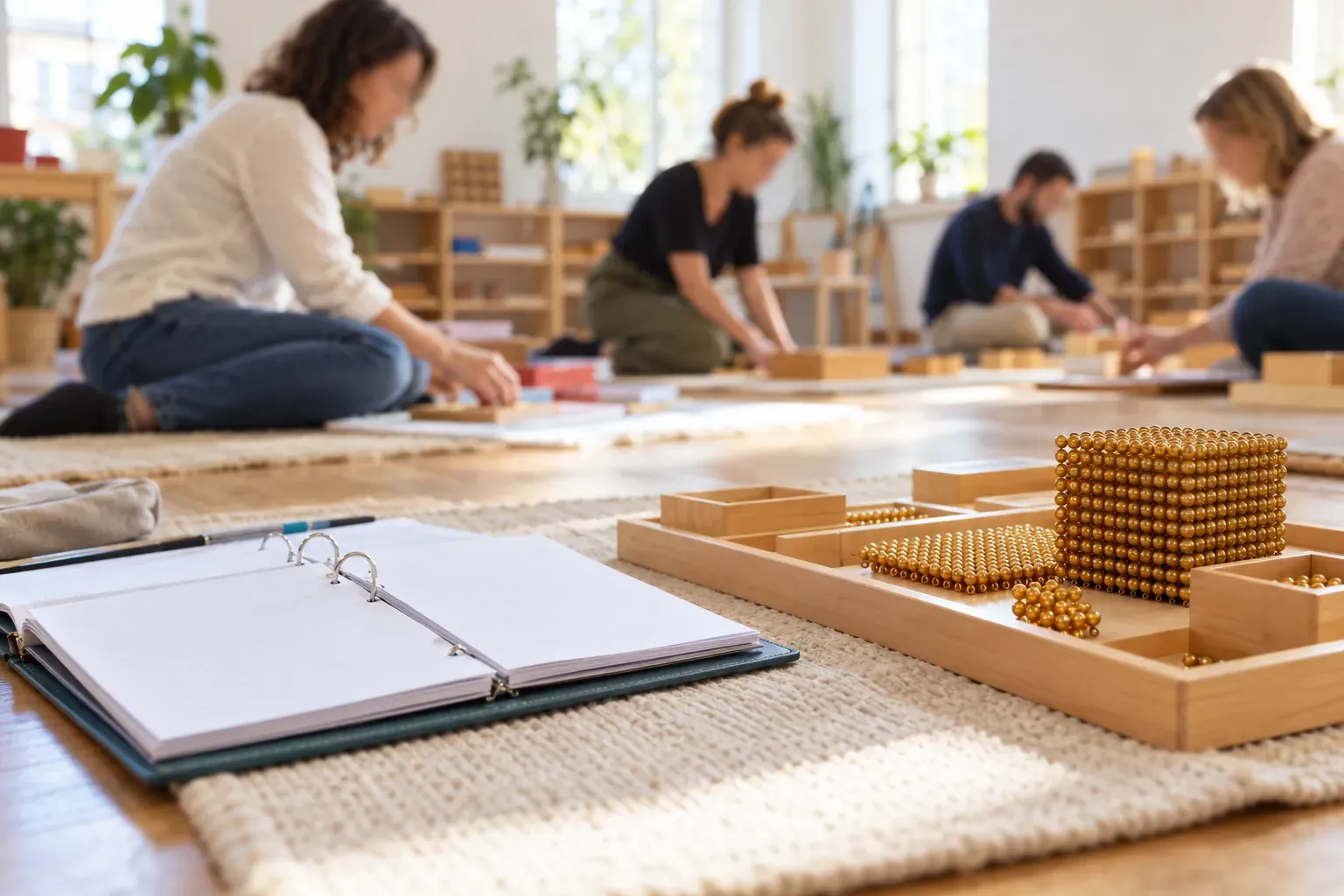 Adultes en formation Montessori qui manipulent du matériel sur des tapis, classeur de notes au premier plan