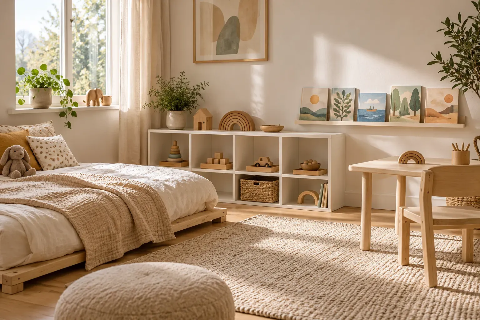 Chambre d'enfant Montessori avec lit bas, étagère basse en bois et présentoir à livres mural