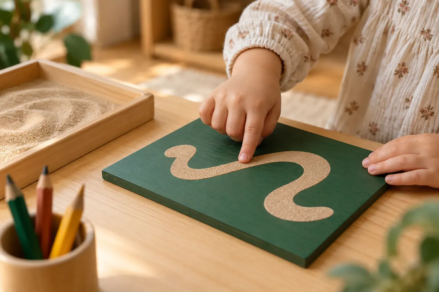 Main d'enfant traçant une lettre rugueuse cursive à côté d'un plateau de sable